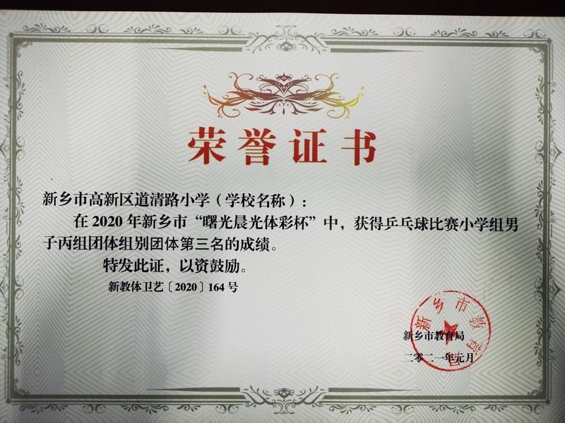 2020年“曙光晨光体彩杯”乒乓球男子丙组团体第三名